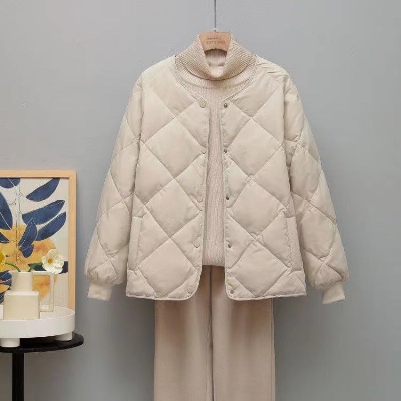 Down Cotton-Padded Jacket Women'S Short Hong Kong-Style Diamond-Shaped Plume Light Cotton-Padded Coat Loose Cotton-Padded Jacket - Image 3